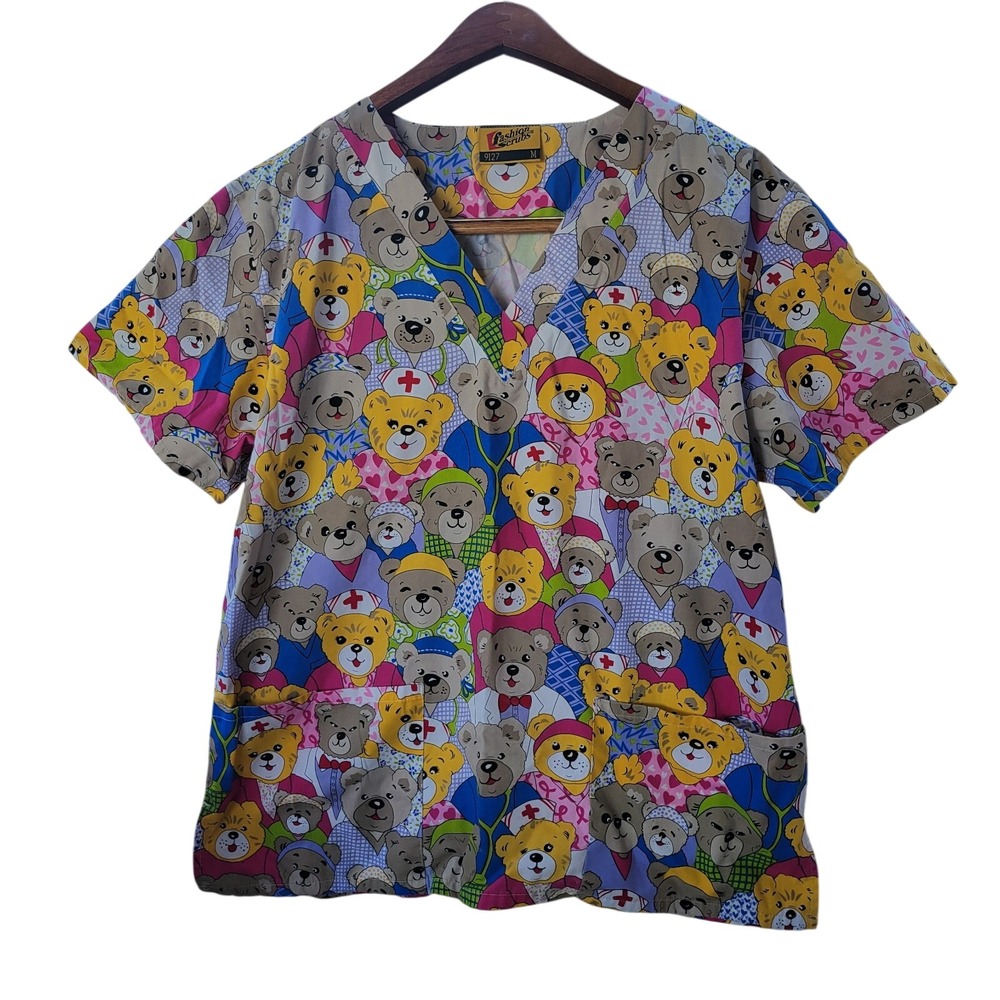 Fashion Scrubs Teddy Bear Nurse‎ Doctor Print V-Neck Medical Scrub Top Medium